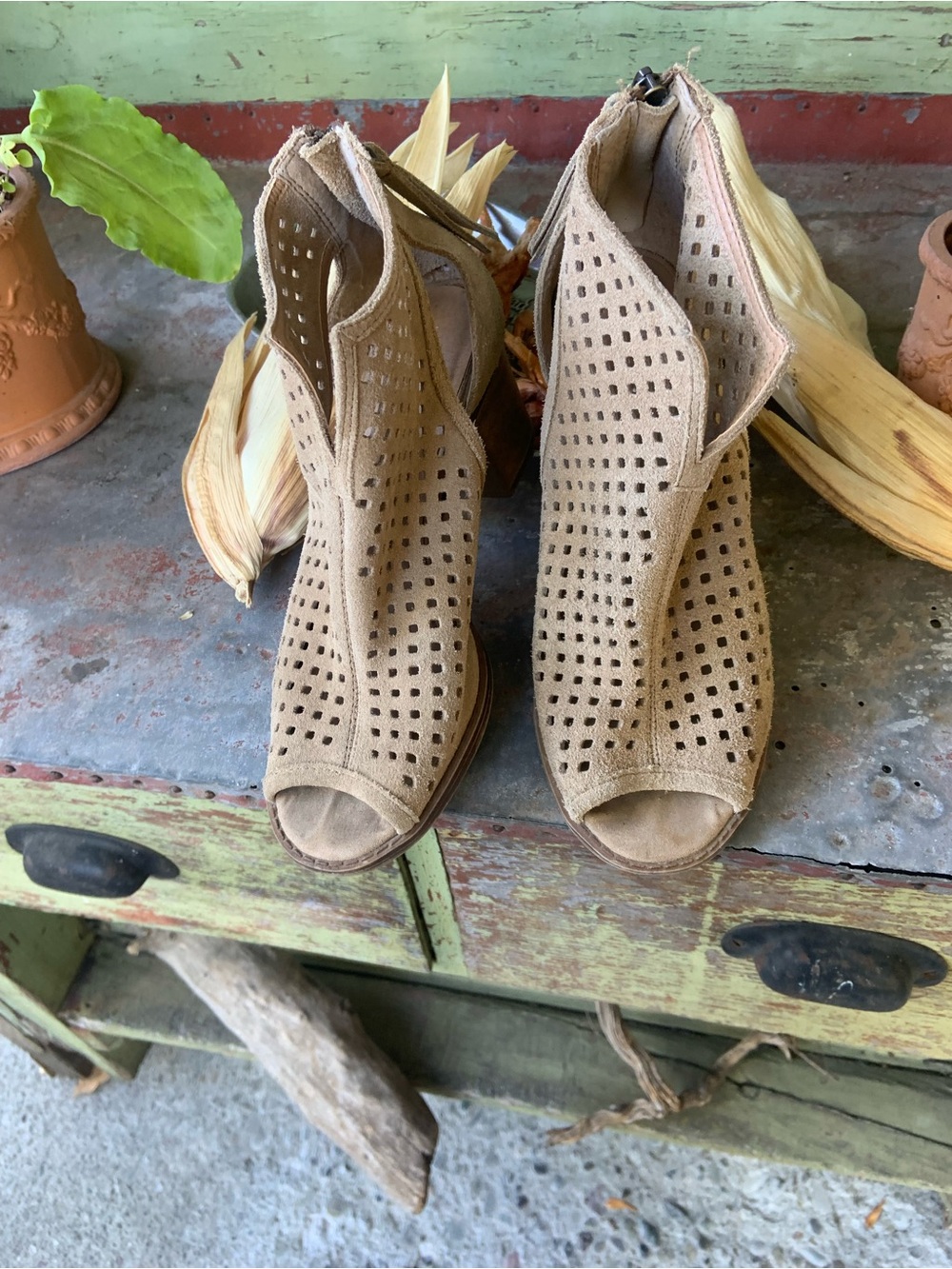 Dirty Laundry Tan Perforated Open-Toe Heeled Booties